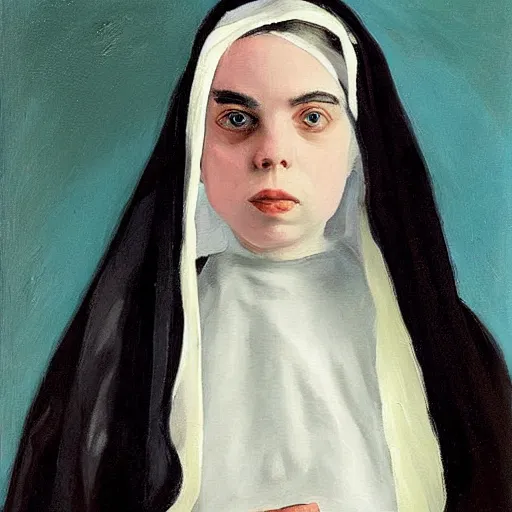 Image similar to Billie Eilish as a nun, painted by Robert Henri