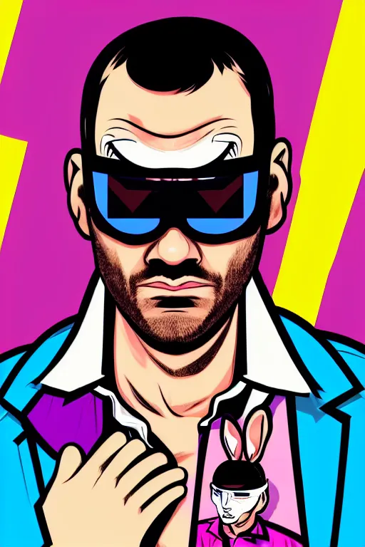 Image similar to man wearing an blouses with a bunny mask with one ear cut off. pop art, pixel, gta vice city art style, face features, body features, ultra realistic details, digital painting, concept art, smooth, sharp focus, illustration, intecrate details, elegant, confident posse, art by mark millar and richard hamilton and mimmo rottela