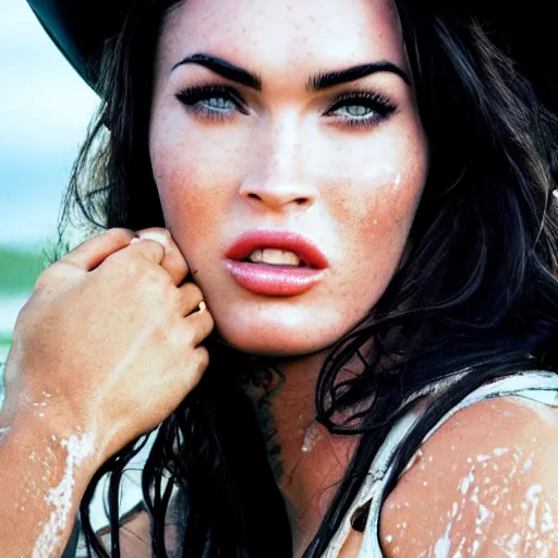 Image similar to megan fox as cowboy in western town, her face flushing and sweat, focus on head, professional photography