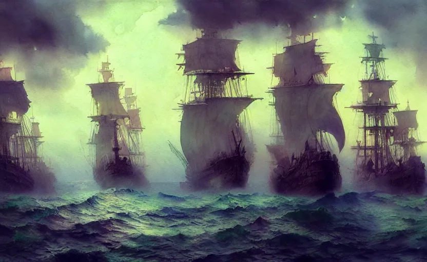 Image similar to pirate galleon fleet. intricate, amazing composition, colorful watercolor, by ruan jia, by maxfield parrish, by marc simonetti, by hikari shimoda, by robert hubert, by zhang kechun, illustration, gloomy, volumetric lighting, fantasy