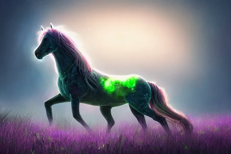 Image similar to a stunning horse with a mane of bioluminescent plants running through a meadow by eddie mendoza ( flowerpunk ), volumetric light, digital art, fine detail, photorealistic