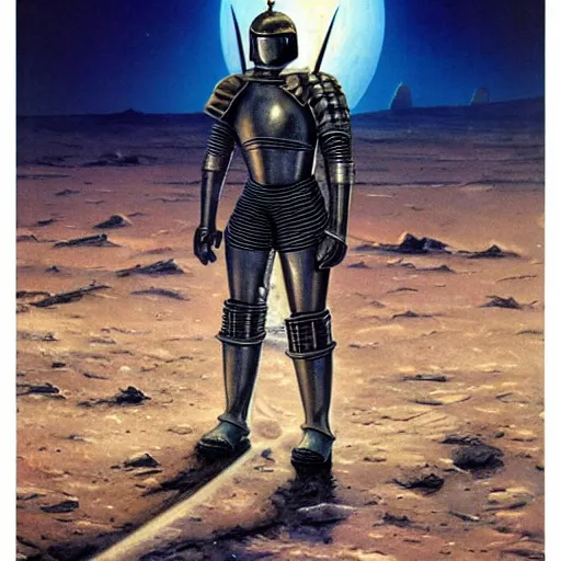 Image similar to crusader knight in armor standing on the moon, vintage sci - fi art, by bruce pennington