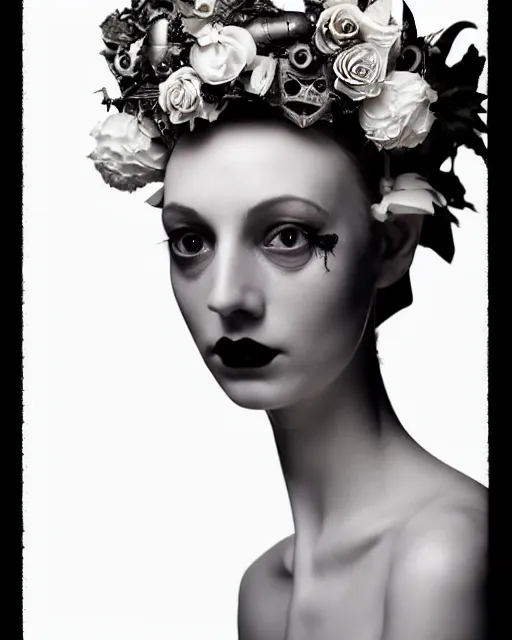 Image similar to a black and white high quality dreamy photo of a young beautiful female queen-pale dragon-vegetal-cyborg bust with a very long cyborg neck and a steampunk flower crown, elegant, highly detailed, poetic, soft, dreamy, mysterious, high fashion, in the style of Horst P. Horst, Metropolis, Realistic, Refined, Digital Art, Highly Detailed, Cinematic Lighting, rim light, black and white, photo-realistic, 8K