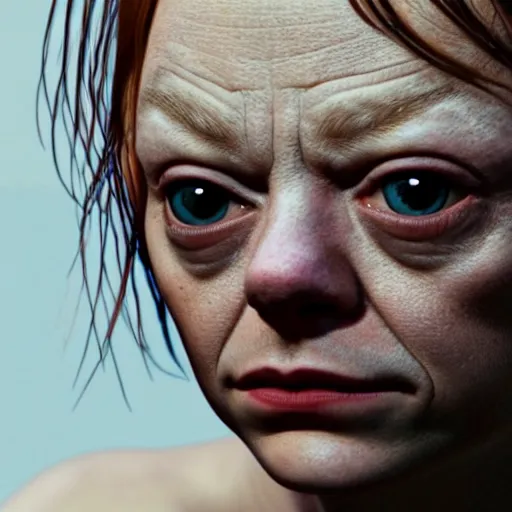 Image similar to emma stone is gollum, emma stone is smeagol, no hair, 8k detail, hyper realistic, cinematic photo