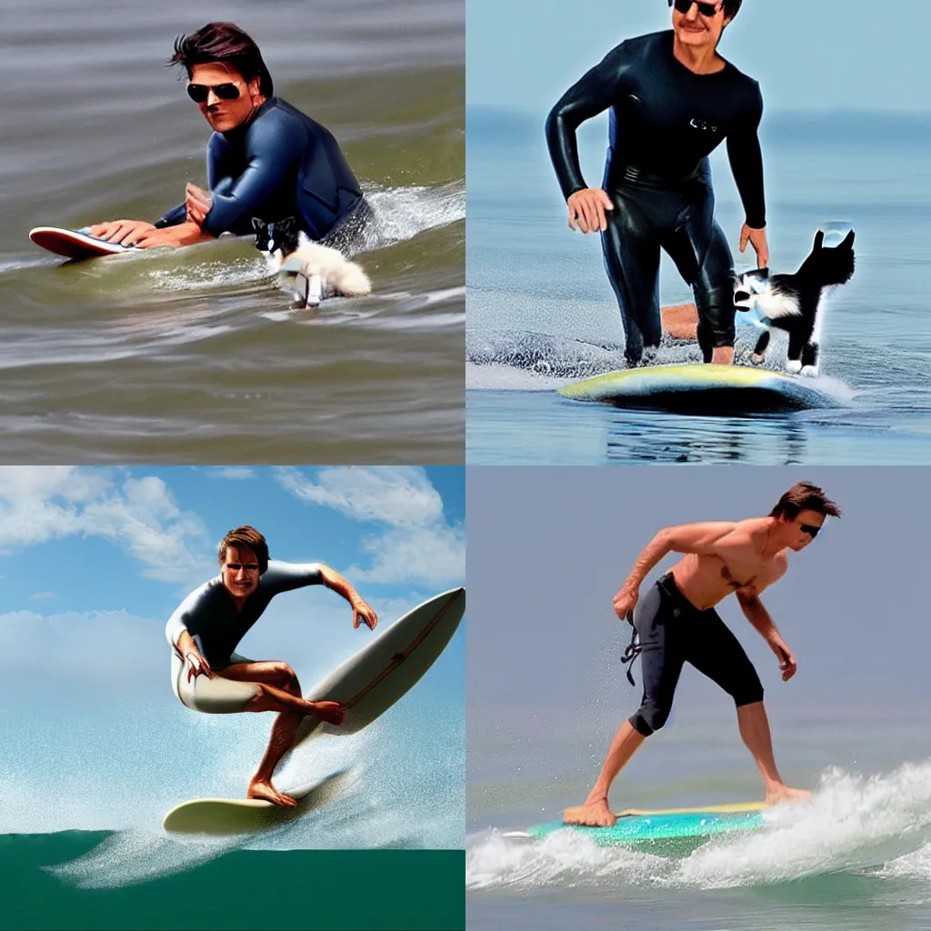 Image similar to Tom Cruise surfing with his pet kitten, photorealistic