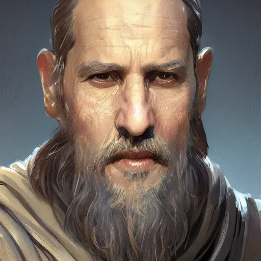 Image similar to portrait of a man by Greg Rutkowski, an old Jedi, arabian features, and olive skin, long black hair and beard, wise appearance, orange robes, Star Wars Expanded Universe, he is about 60 years old, highly detailed portrait, digital painting, artstation, concept art, smooth, sharp foccus ilustration, Artstation HQ