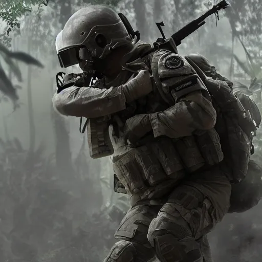 Image similar to Mercenary Special Forces soldier in light grey uniform with black armored vest and helmet launching an ambush attack in the jungles of Tanoa, combat photography by Feng Zhu, highly detailed, excellent composition, cinematic concept art, dramatic lighting, trending on ArtStation