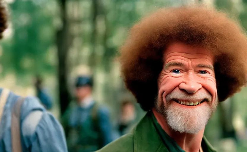 Image similar to cinestill 5 0 d candid photographic portrait by helen levitt of a smiling bob ross as captain america, modern, bright, emotional cinematic, on a green hill, 8 k, hd, high resolution, 3 5 mm, f / 3 2, ultra realistic faces, ex machina