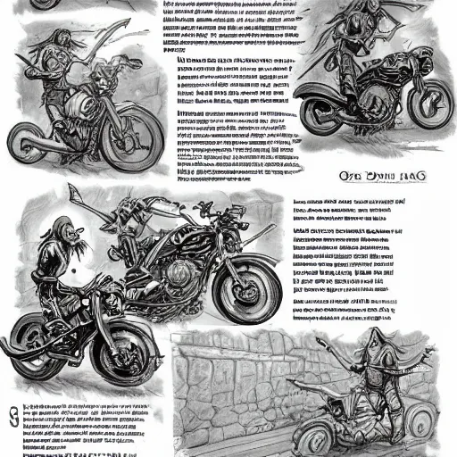 Image similar to dungeons and dragons, goblin outlaw gang on motorcycles, concept art, players handbook, very detailed, mechanic, schematic, illustration, stats