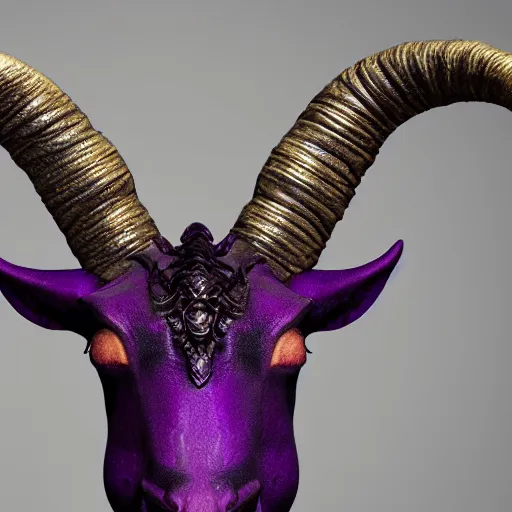 Prompt: ornate, gothic, demon, tiefling, goat horns, dark purple skin, male, golden eyes, cinematic, ultrarealistic, intricate detail, finely detailed, small details, extra detail, high resolution, 3 d, volumetric lighting, octane render, 8 k, ultradetailed, photorealistic