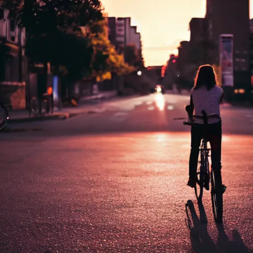Image similar to a girl rides a bicycle on the street at dusk