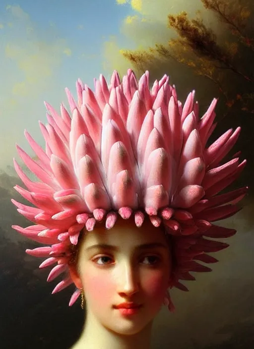 Image similar to stunning spanish godess, detailed pink and white protea head peace against a black backdrop by ivan aivazovsky, wlop, oil painting, beautiful soft lighting, muted colours, artstation