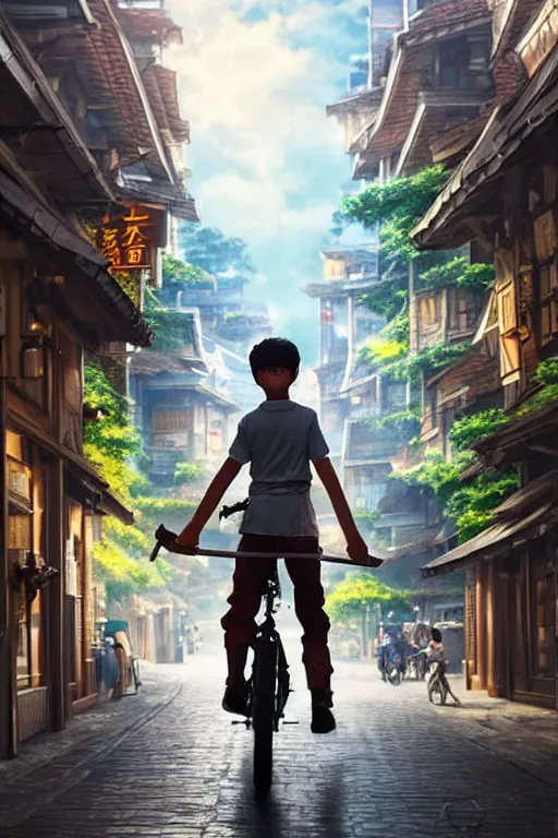 Image similar to ultra detailed keyart of sci - fy movie, a boy carrying a sword in his back is riding a simple bycycle in the main street of isekai shinjuku