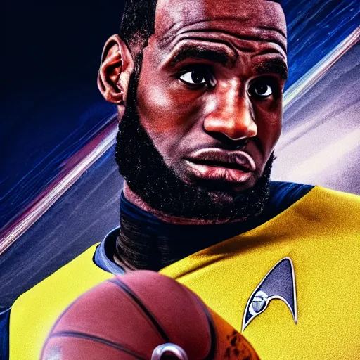 Image similar to first picture of lebron james as captain in new star trek movie, ( eos 5 ds r, iso 1 0 0, f / 8, 1 / 1 2 5, 8 4 mm, postprocessed, crisp face, facial features )