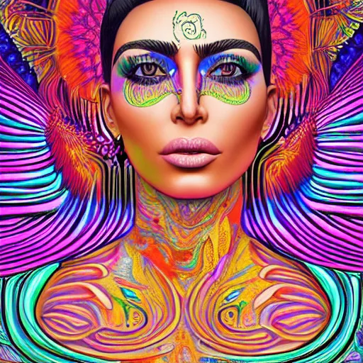 Image similar to an extremely psychedelic portrait of kim kardashian, surreal, lsd, face, detailed, intricate, elegant, lithe, highly detailed, digital oth, sharp focus, illustration,