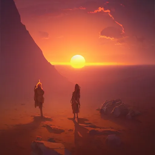 Image similar to sunset in the desert, fantasy art, illustration, animated film,, by roman shipunov, etienne hebinger, atey ghailan, cgsociety, cynical realism, fantasy art, 2 d game art