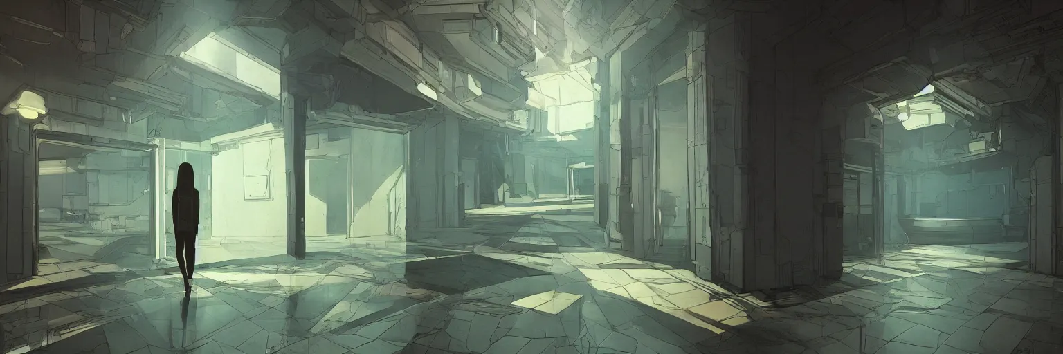 Image similar to dimly lit, theatre access corridor background, 3 doors, fish eye, rendered by Beeple, by Makoto Shinkai, flat style