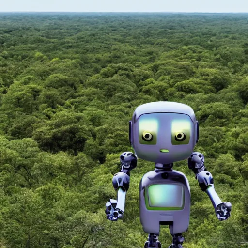 Image similar to a robot standing on a cliff, looking over an overgrown new york