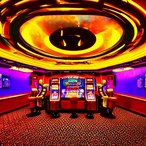 Image similar to Casino party, large and deep room, fruit machines chandeliers, a large carpet dresses the room, luminous projectors, reflections abstract vibes wealth money, trending on artstation