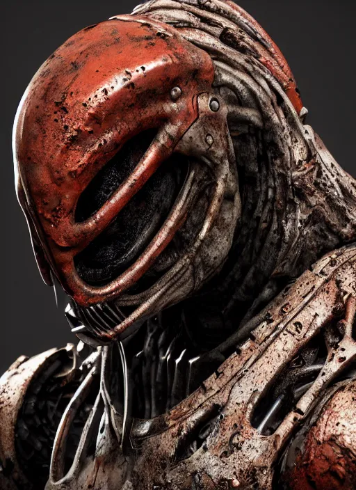 Image similar to a photorealistic dramatic hyperrealistic render of predator the alien hunter, ultra realistic details, well worn, rust, oil stains designed by vitaly bulgarov and mike nash, beautiful dramatic dark moody tones and lighting, cinematic atmosphere, studio lighting, global illumination, shadows, dark background, octane render, 8 k