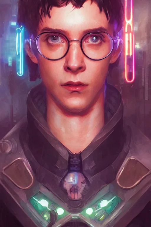 Prompt: Portrait of cyborg Harry Potter in cyberpunk, neon lighting, digital art from artstation by Ruan Jia and Mandy Jurgens and Artgerm and william-adolphe bouguereau and Greg Rutkowski and Wayne Barlowe