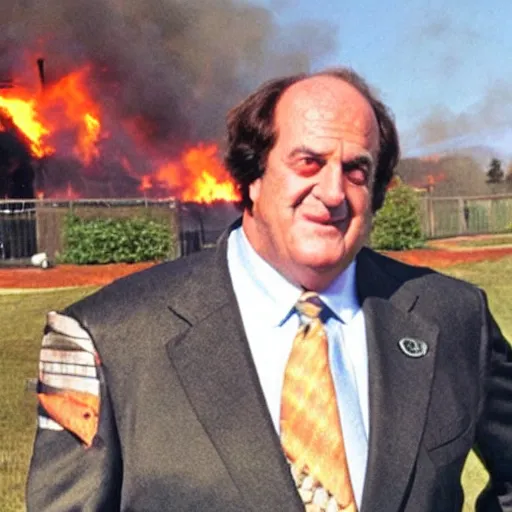 Prompt: a photo of a house burning down in the background and chris berman with an eerie expression in the foreground, strong depth of field