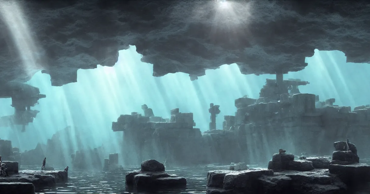 Image similar to wide shot, submerged pre - incan temple, carvings, dark, grenada underwater sculpture park, bubbles, abyss, stylized, anime style mixed with fujifilm, detailed gouache paintings, crepuscular rays, dark, murky, foggy, atmospheric, artstation, cgsociety, octane render, cgi, unreal engine 5, denoise, cinematic masterpiece