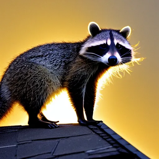 Image similar to raccoon on roof, morning light, backlit,