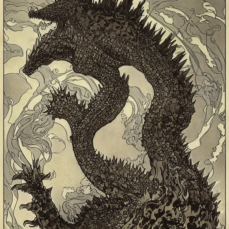 Prompt: Godzilla, Alphonse Mucha