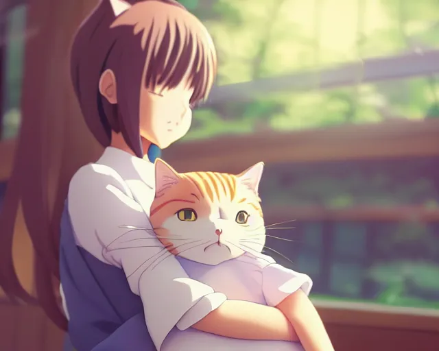 Image similar to anime fine details portrait of joyful girl hugging cat in school, bokeh. anime masterpiece by Studio Ghibli. 8k render, sharp high quality anime illustration in style of Ghibli, artstation