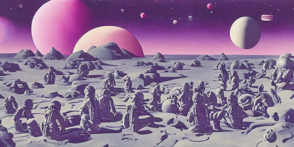 Image similar to surreal painting by chesley bonestell!!, twelve astronauts sitting by the river with a big holiday cake + psychedelic vegetation + purple, pink, blue + planets and stars + mystical fog, vintage sci - fi style of the 5 0 s, rule of the third!!!!, line graphics, 8 k, super detail, high quality