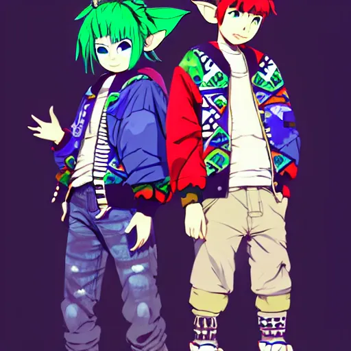 Image similar to majora majora's mask wearing oversized mayan bomber jacket with overalls, bulky poofy bomber jacket with mayan patterns, aztec street fashion, genshin impact art style, gapmoe yandere grimdark, trending on pixiv fanbox, painted by greg rutkowski makoto shinkai takashi takeuchi studio ghibli, akihiko yoshida