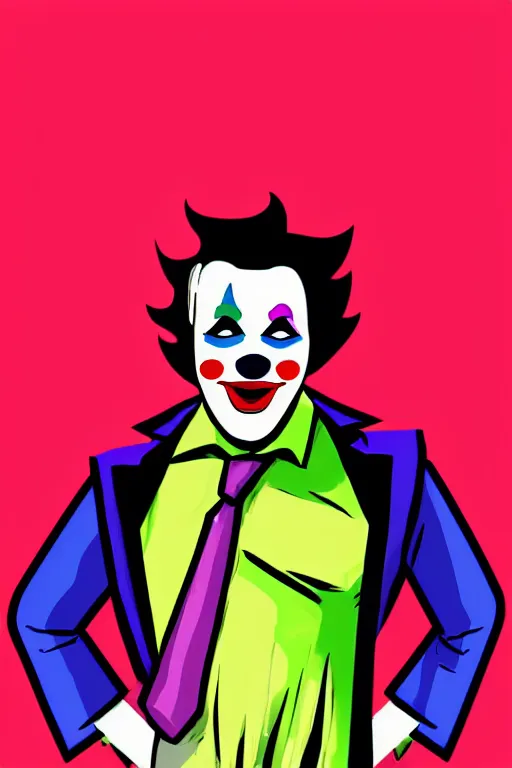 Prompt: display twitter guy wearing an blouses with clown mask. pop art, gta vice city art style, digital art, arstation art, pixel art, face and body features details, ultra realistic details, concept art, casual art, sharp focus, illustration, intecrate details, elegant, confident posse, art by mark millar and richard hamilton and mimmo rottela