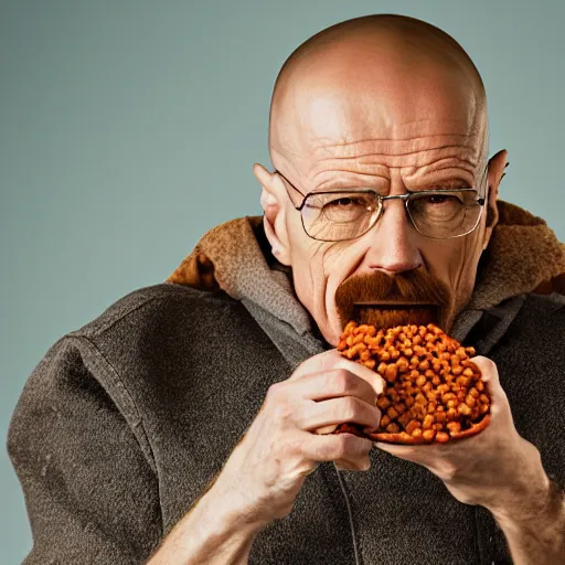 Prompt: walter white eating baked beans, photography,