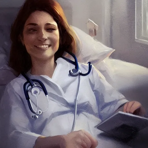 Image similar to a very beautiful female doctor in scrubs, looking at her phone, smiling, close up, laying on bed, hospital room, by greg rutkowski, trending on artstation