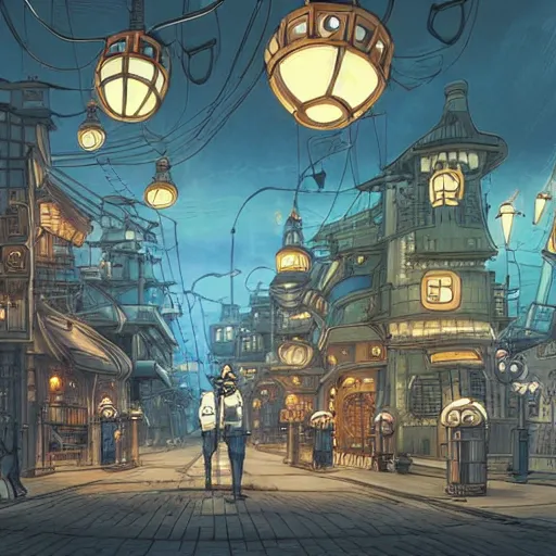 Prompt: robotic steampunk cat walking in a steampunk city at midnight, studio ghibli, extremely detailed, side view, lanterns can be seen lighting up the city, lonely,