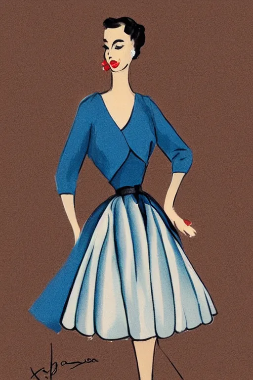 Prompt: an elegant fashion illustration of a beautiful blue 5 0 s outfit