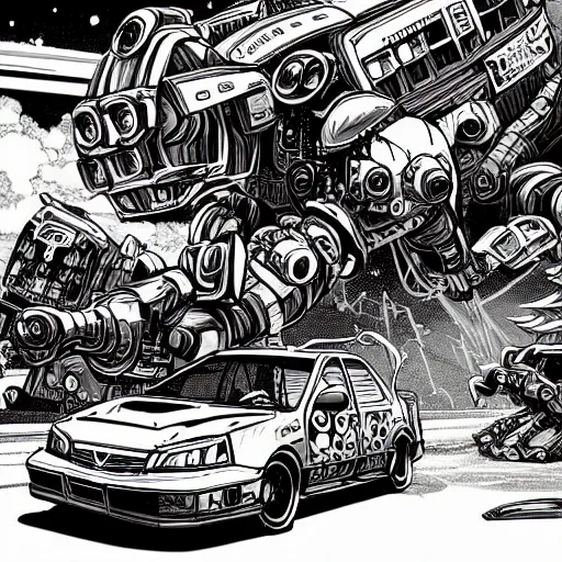 Image similar to beautiful detailed comic illustration of an evil robot mecha dinosaur destroying a subaru impreza cyberpunk, neon