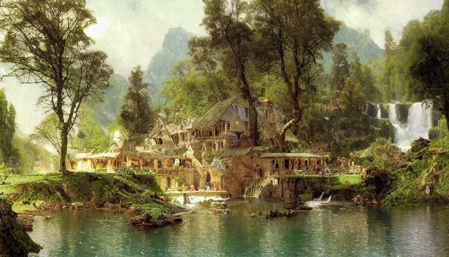 Prompt: a small village by a lake, waterfalls, cascades, very detailed, by john berkey, albert bierstadt, ruan jia, lawrence alma tadema, zdzislaw beksinski, carl spitzweg, everett raymond kinstler, norman rockwell, jack kirby, tom lovell, greg staples