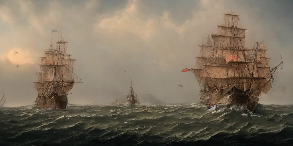 Image similar to a beautiful matte painting, an ancient large sailing ship sailing on the sea dropping crab pots
