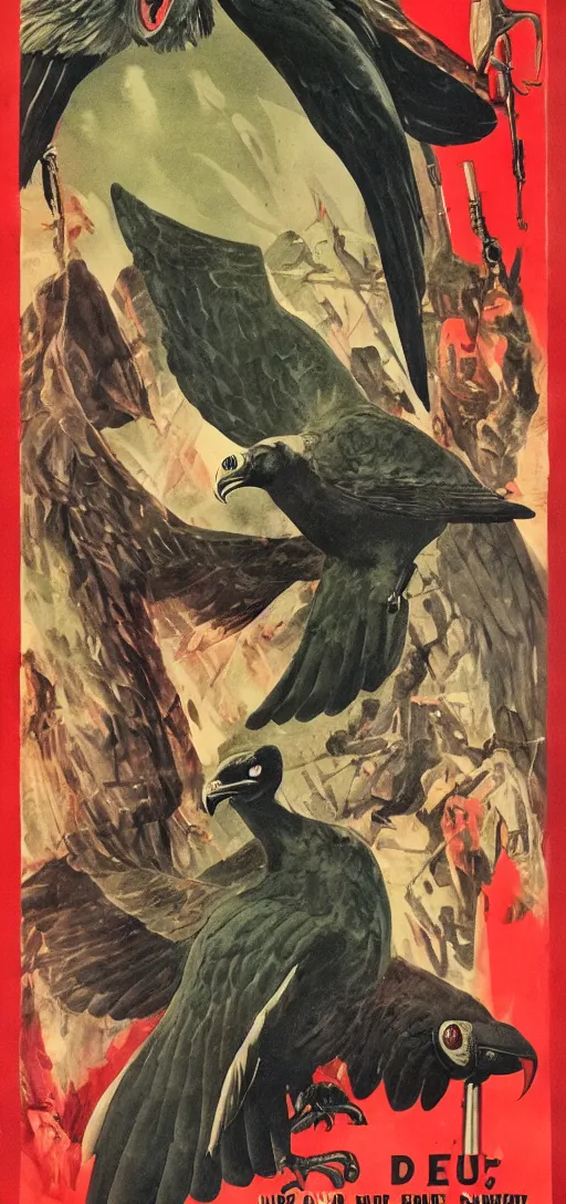 Image similar to mistery man in hood and red eyes with a dager, and a vulture, 1940s propaganda poster, full hd,highly detailed