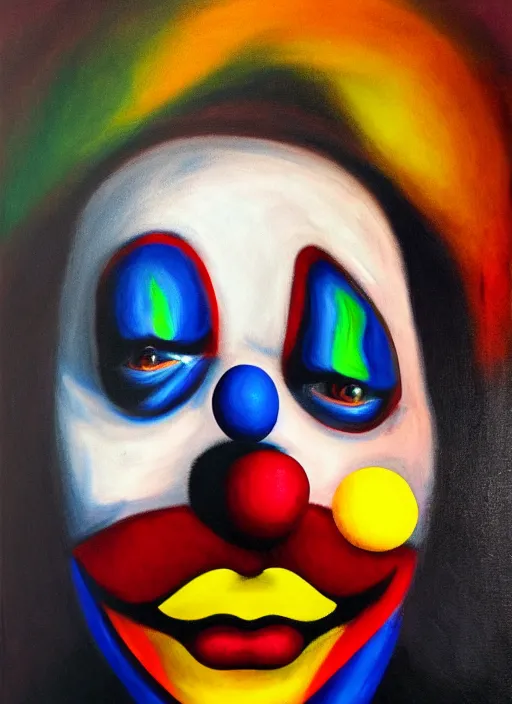 Prompt: clown, asymmetric, oil paint, high contrast, vivid colors