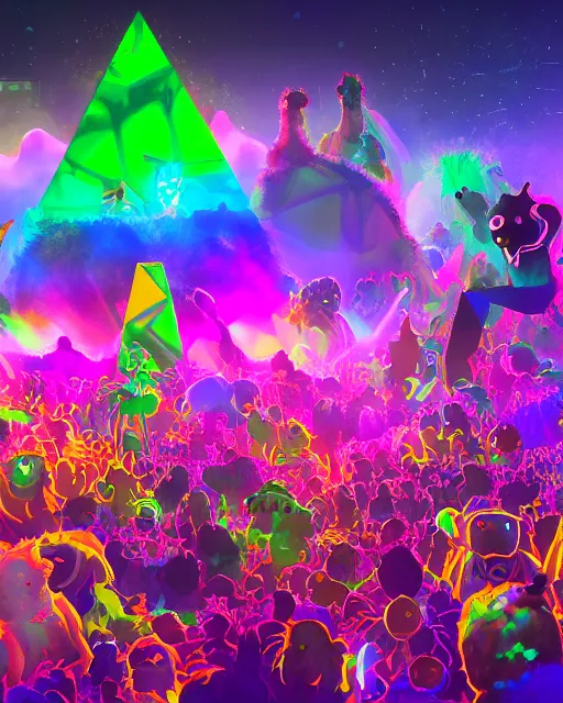 Prompt: a crowded rave for dancing furry monsters of every shape and size surrounding a neon cube tesseract impossible geometry, portal to other worlds, geometric, generative, bending space and time, at hazy dusty dusk night sky in giant epic zoological rave party, digital art trending on art station concept art