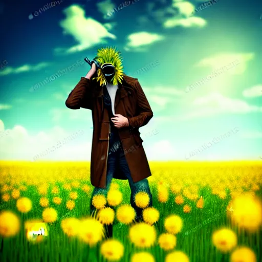 Prompt: photorealistic detailed image of a man in a rugged, worn trench coat wearing a gas mask happily frolicking among a field of dandelions and various vibrant plants and flowers, inspired by the Stalker video game series