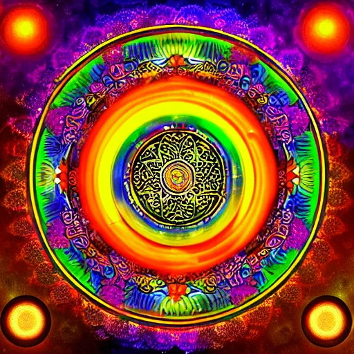 Image similar to rainbowcore, taichi sign glowing, surrounded by lotus, with the sun shining with the moon, with detailed mandala filled with fractals, bioluminescence, glowing runes, de-noise, symmetrical composition, high detailed, super clear, ornate border, 32k, by qiu ying