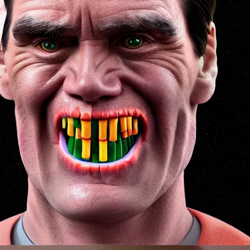 Image similar to jim carrey is fused into a meat stick, hyperdetailed, artstation, cgsociety, 8 k