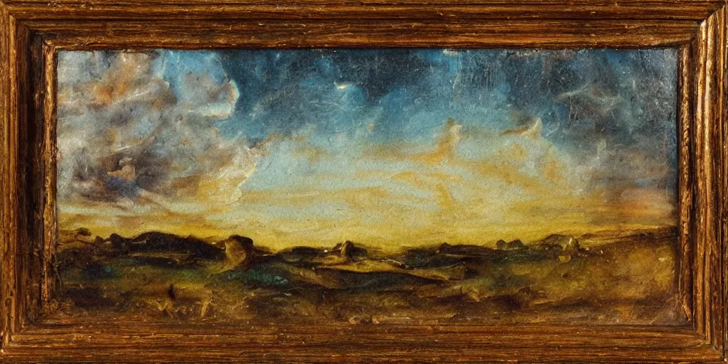 Image similar to melted romantic painting of a landscape, on a poststamp