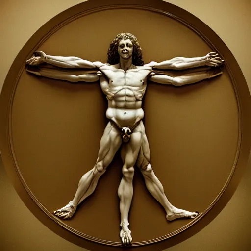 Image similar to Da Vinci's Vitruvian Man as a marble sculpture by Michelangelo, 4k, hyper realistic, detailed, accurate anatomy, four legs, four arms, octane render, well lit studio lighting, unreal engine