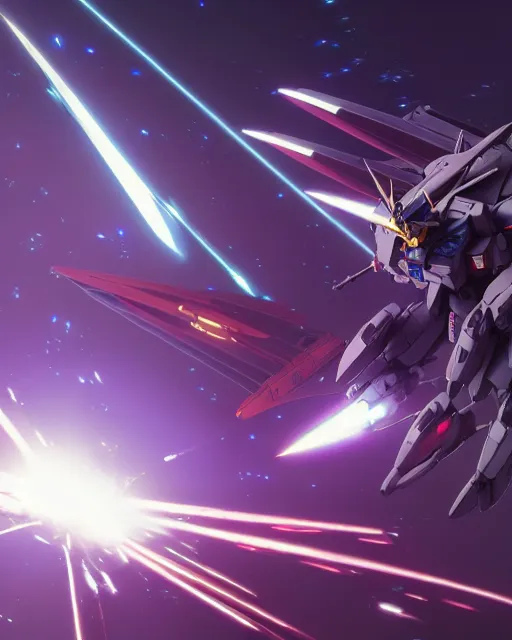 Image similar to highly detailed vfx portrait of a gundam with wings of feathers beam saber fighting in space with a beam gun, unreal engine, greg rutkowski, loish, rhads, beeple, makoto shinkai and lois van baarle, ilya kuvshinov, rossdraws, tom bagshaw, alphonse mucha, global illumination, detailed and intricate environment