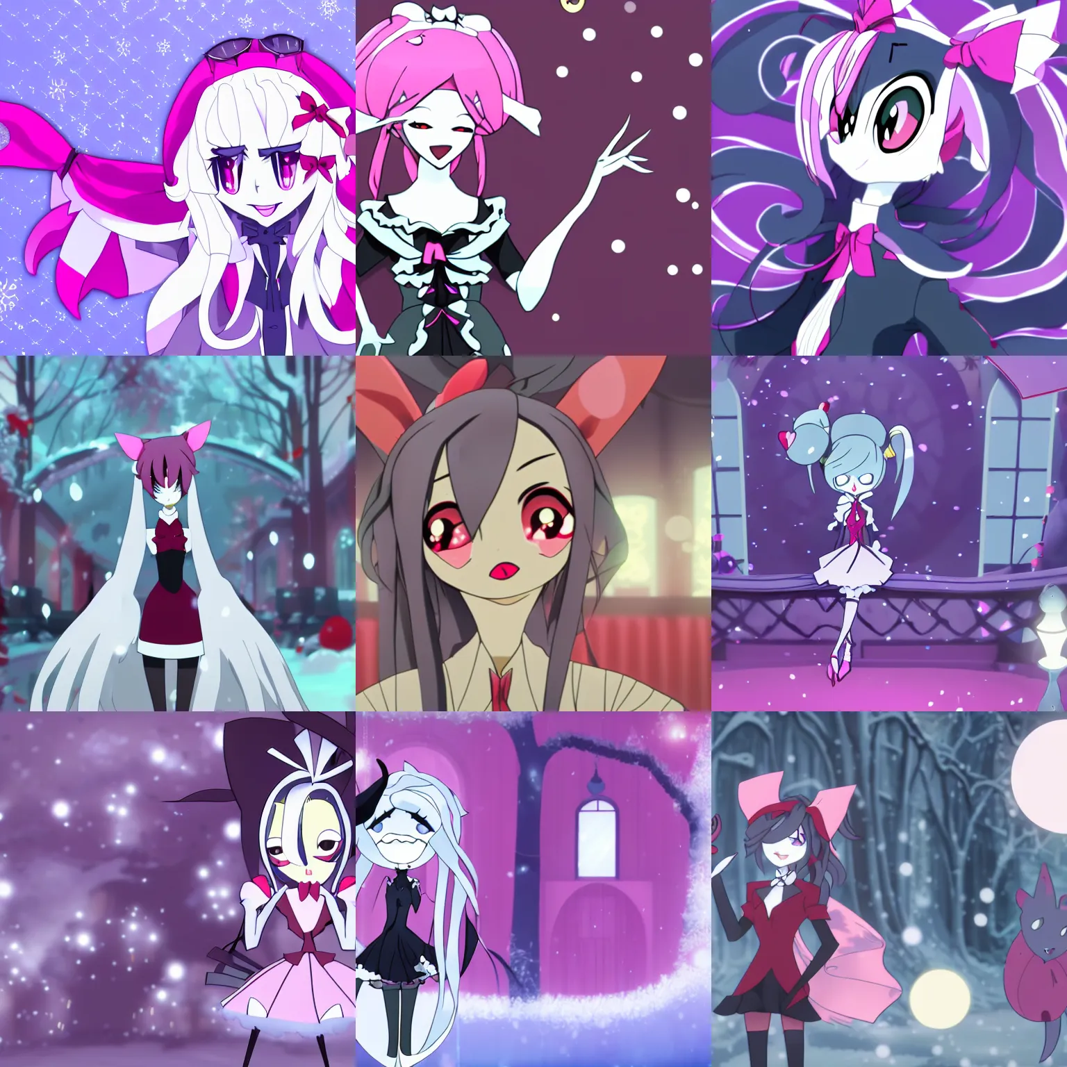 Prompt: anime screenshot of loona from hazbin hotel in stylish winter outfit, 8 k resolution, smooth edges